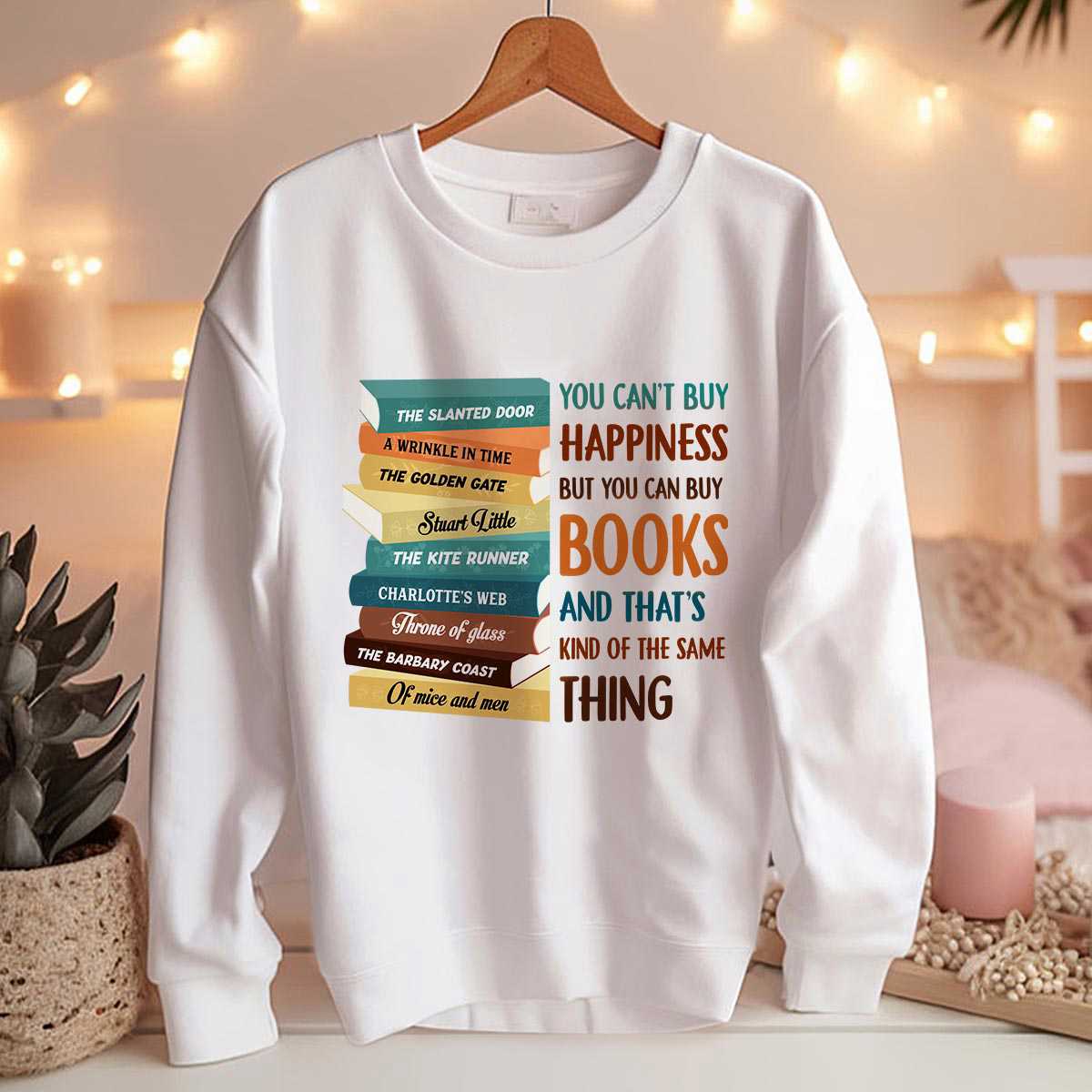 Custom Bookshelf Sweatshirt for Book Lovers - 'You Can't Buy Happiness But You Can Buy Books' Design