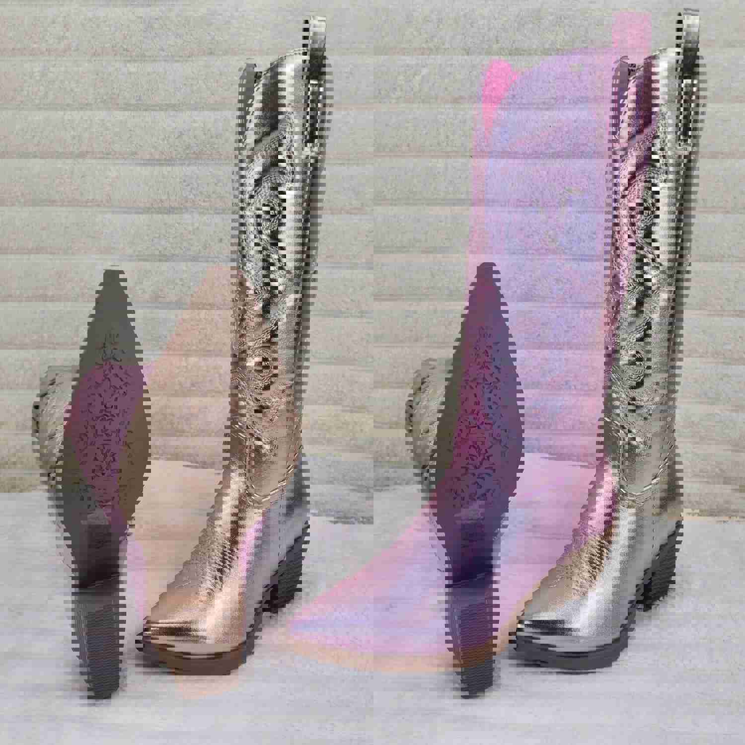 Disco Cowgirl Metallic Pink Cowboy Knee Boots with Western Block Heels