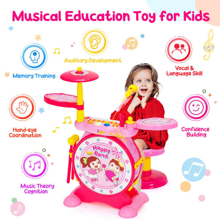 Costway 2-in-1 Kids Electronic Drum and Keyboard Set with Stool