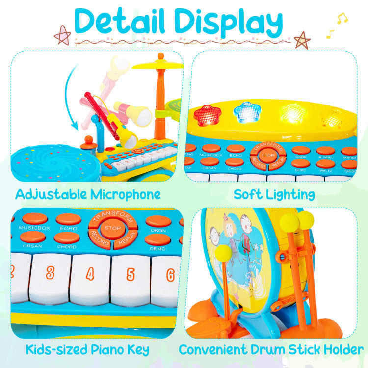 Costway 2-in-1 Kids Electronic Drum and Keyboard Set with Stool