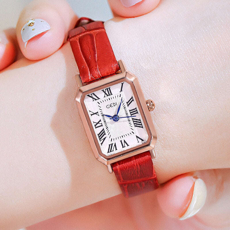 GEDI Women's Fashion Rose Gold Square Retro Roman Scale Waterproof Watch - Korean Style Simple Leather