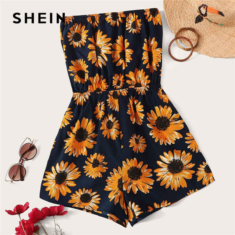 SHEIN Sunflower Print Tube Romper - Boho Strapless Floral Wide Leg Playsuit for Women