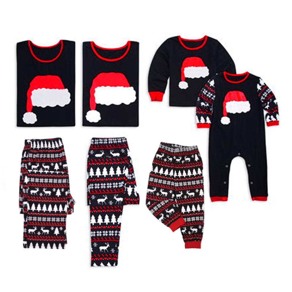 Fashion Family Christmas Hat Pattern Pajamas Set Long Sleeve 2 Pieces Sleepwear Set