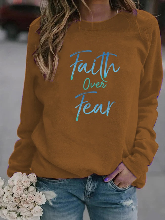 Women's Faith Over Fear Letter Printed Fleece Hoodie
