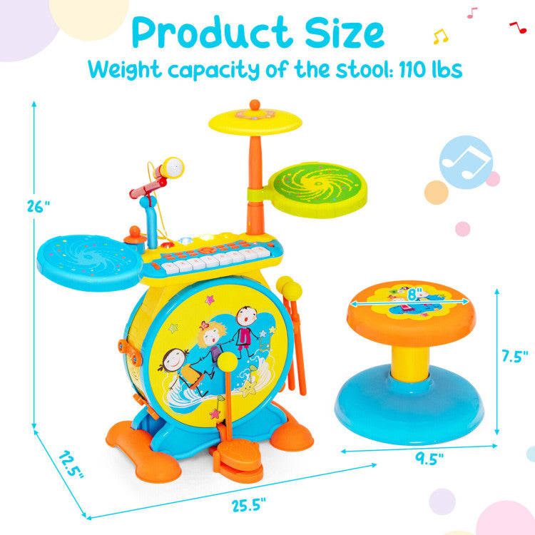 Costway 2-in-1 Kids Electronic Drum and Keyboard Set with Stool
