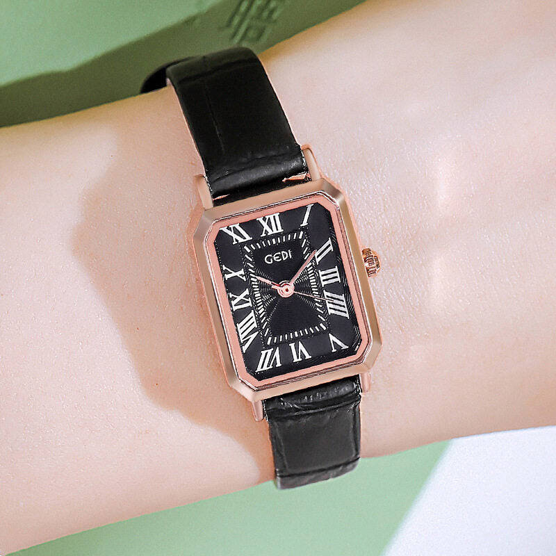 GEDI Women's Fashion Rose Gold Square Retro Roman Scale Waterproof Watch - Korean Style Simple Leather