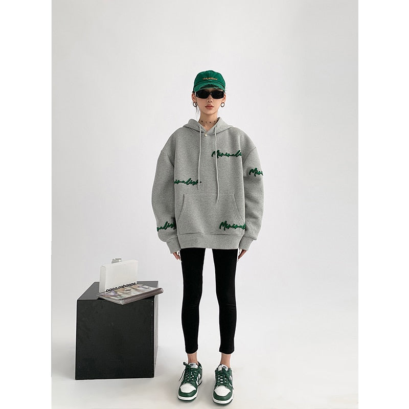 Trizchlor Korean Women's Vintage Grey Loose Pullover Hoodie with Letter Print