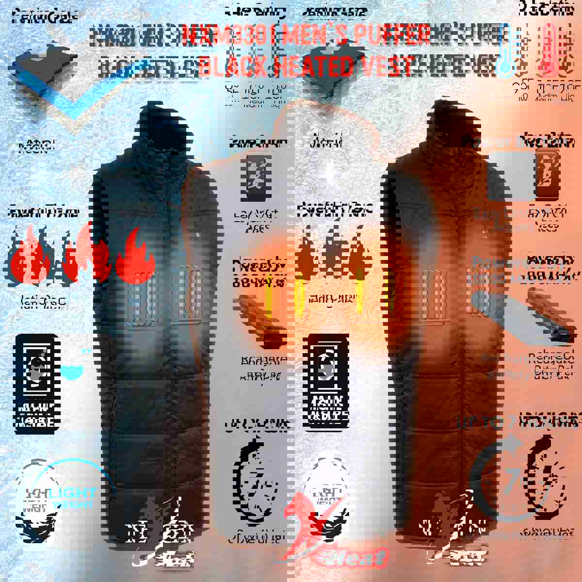 Nexgen Heat NXM3301SET Men's Heated Puffer Vest for Outdoor Activities with Rechargeable Battery