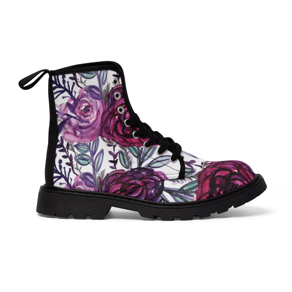 Purple Rose Floral Women's Combat Boots - Lace-up Hiking Boots for Ladies