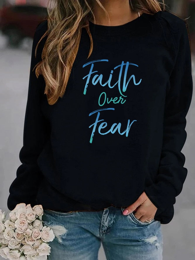 Women's Faith Over Fear Letter Printed Fleece Hoodie