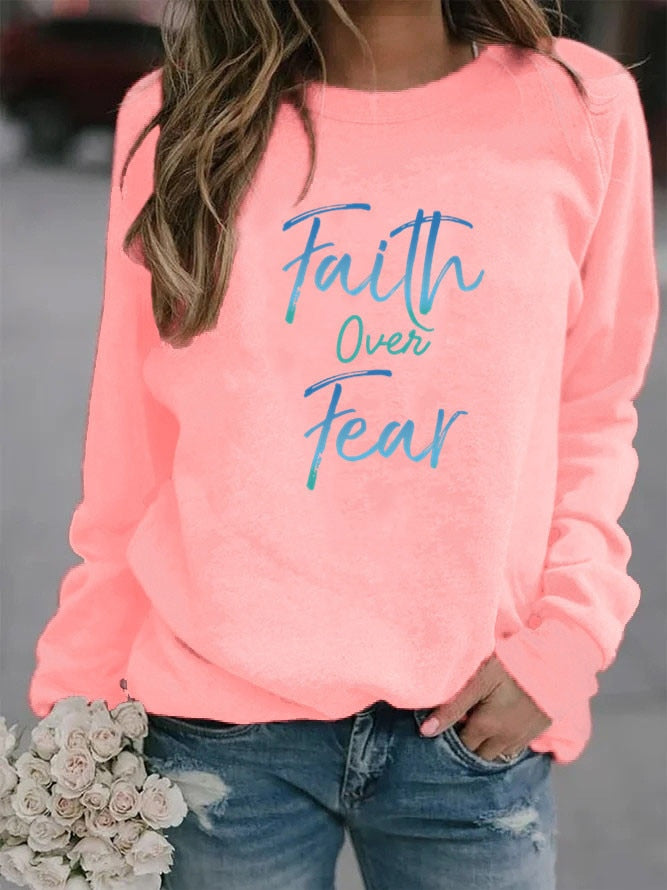 Women's Faith Over Fear Letter Printed Fleece Hoodie