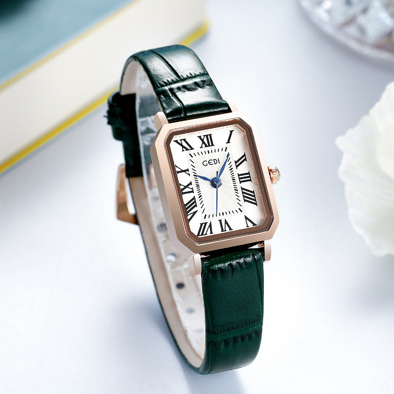 GEDI Women's Fashion Rose Gold Square Retro Roman Scale Waterproof Watch - Korean Style Simple Leather