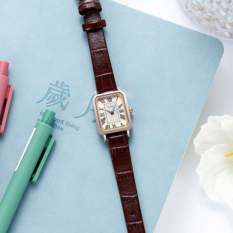 GEDI Women's Fashion Rose Gold Square Retro Roman Scale Waterproof Watch - Korean Style Simple Leather