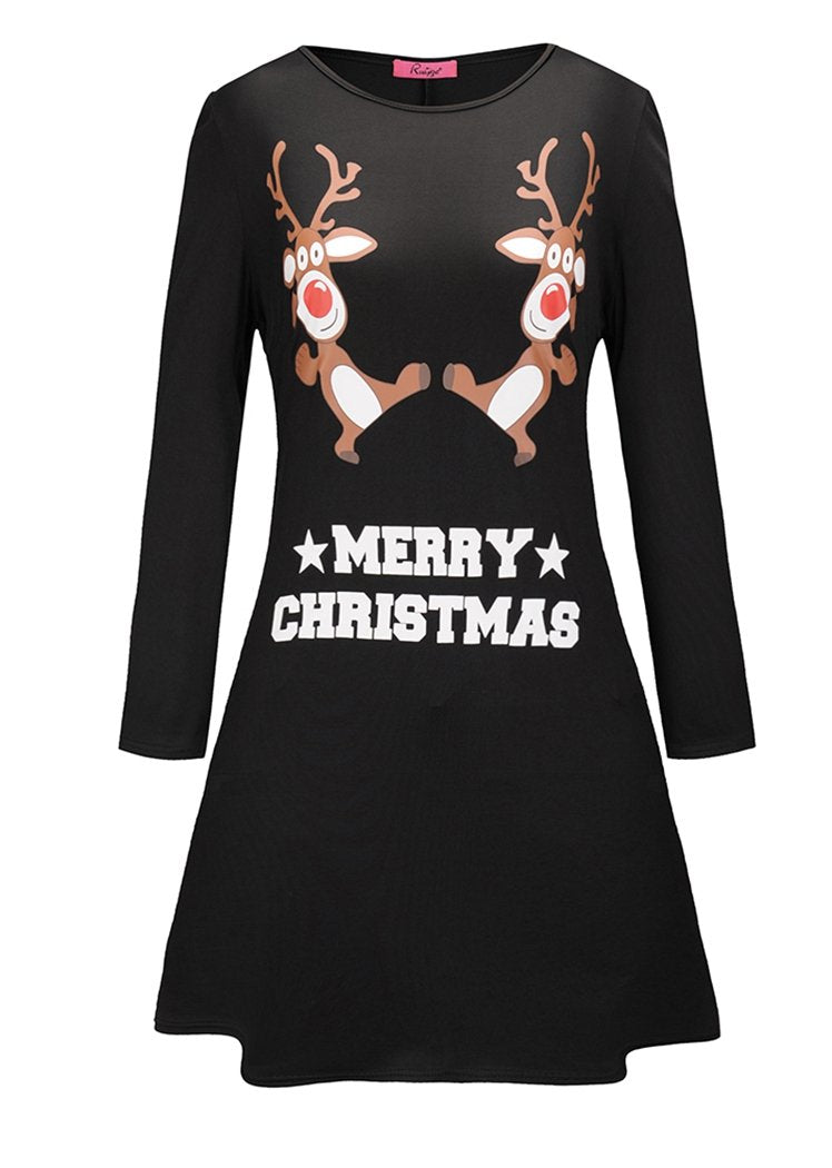 Fashion Christmas Elk Printing Round Neck Long Sleeve Flared Midi Dress