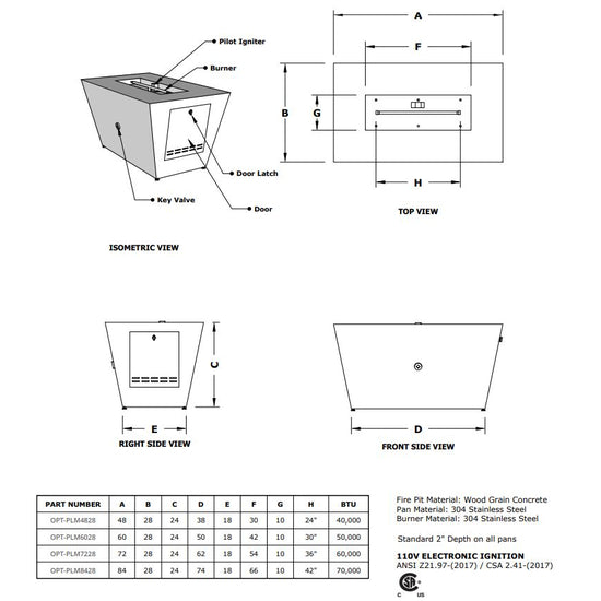 The Outdoor Plus Plymouth Rectangle 24 Tall Fire Pit in Wood Grain with Flame Sense System