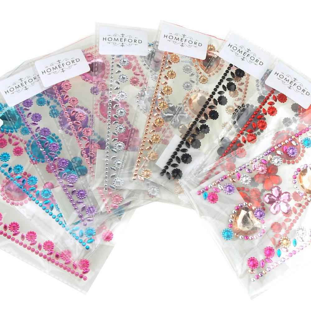 Self-Adhesive Rhinestone Stickers - Circle, Flower, Hearts (6-count)