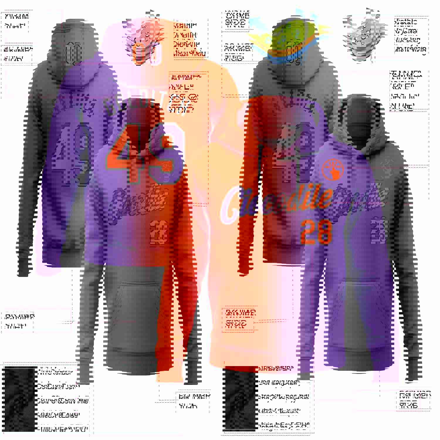 Custom Stitched Purple Orange-Black Gradient Fashion Sports Pullover Sweatshirt Hoodie