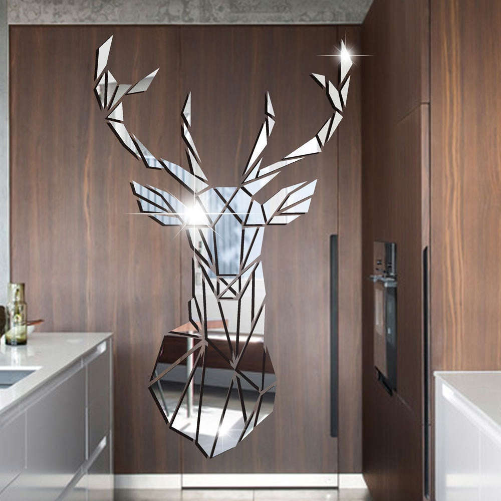 Qfdian 3D Deer Head Mirror Wall Sticker - DIY Acrylic Mirror Decals for Living Room, Bedroom, and Kids Room
