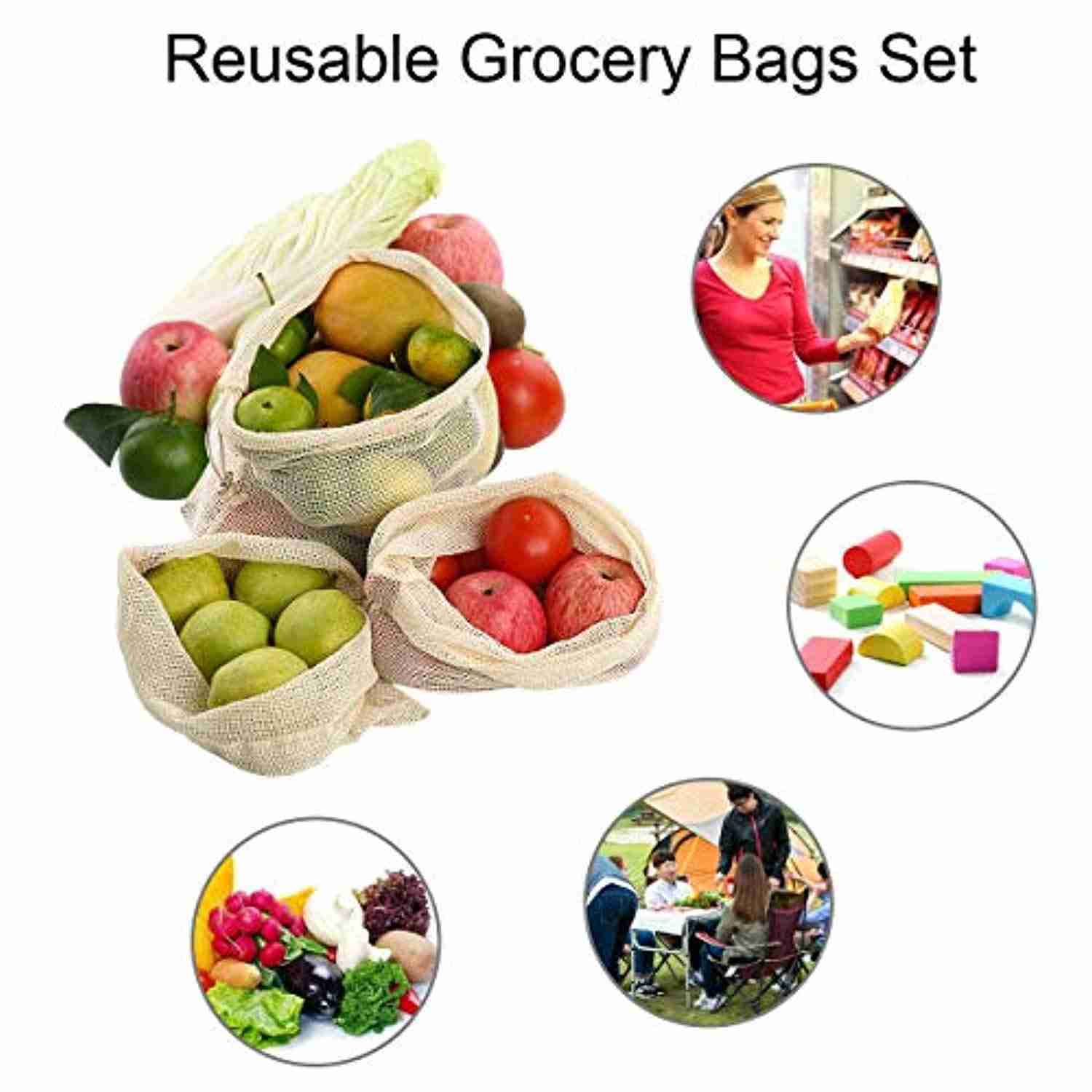 Reusable Organic Cotton Produce Bags - 9 Pack, Eco-Friendly Grocery Storage with Drawstring