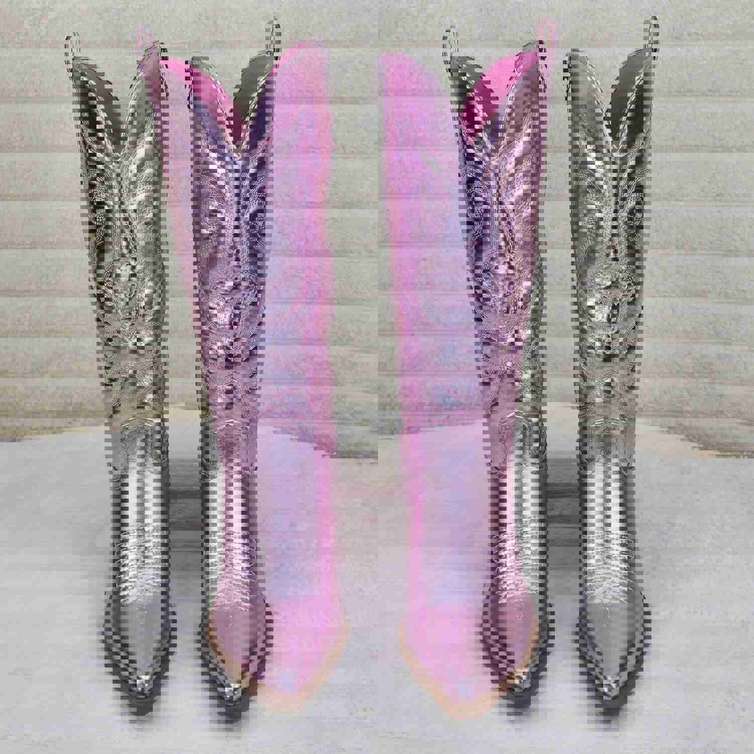 Disco Cowgirl Metallic Pink Cowboy Knee Boots with Western Block Heels