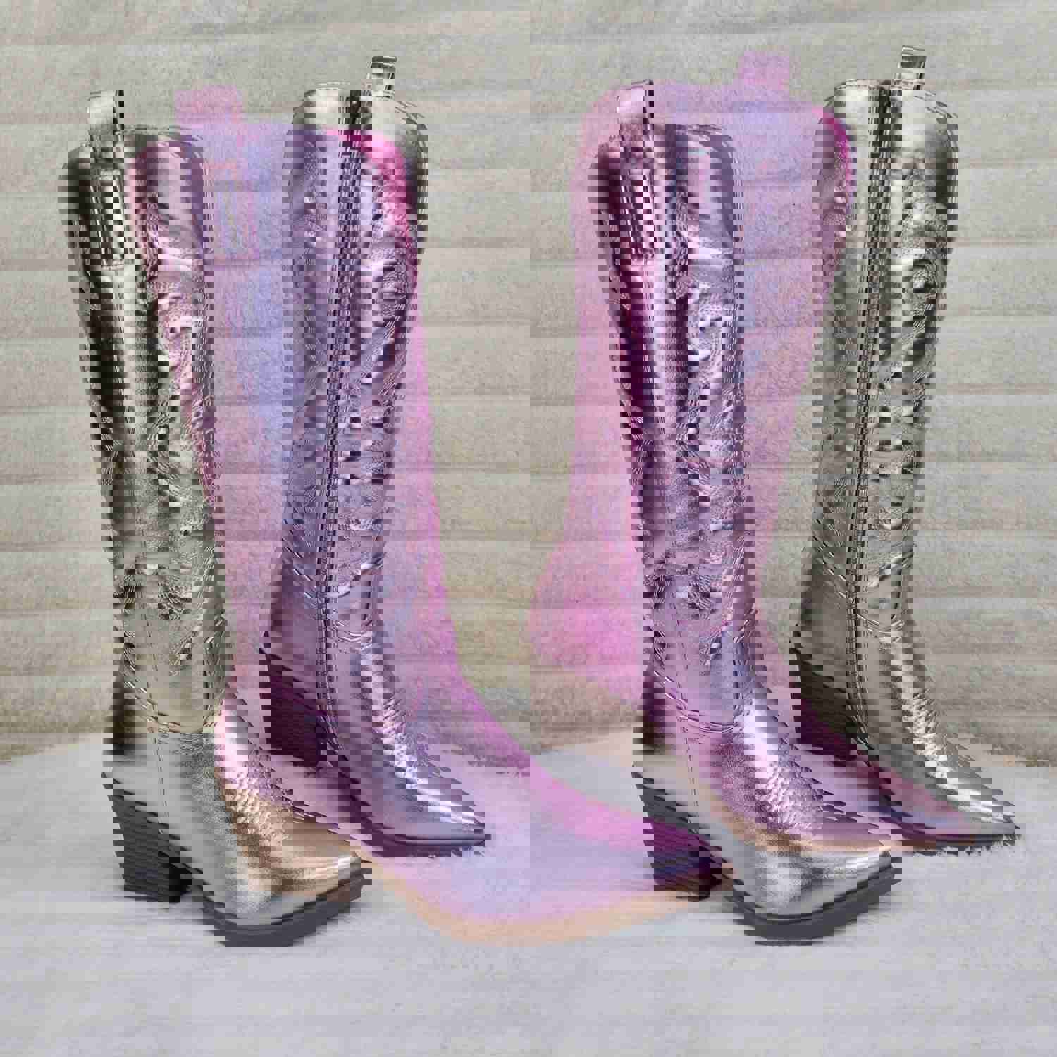Disco Cowgirl Metallic Pink Cowboy Knee Boots with Western Block Heels