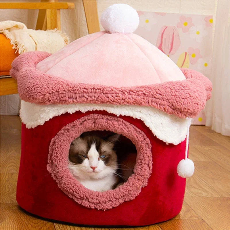 Warm Winter Cat Dog House - Geometric Ice Cream Design Pet Nest for Small to Medium Pets