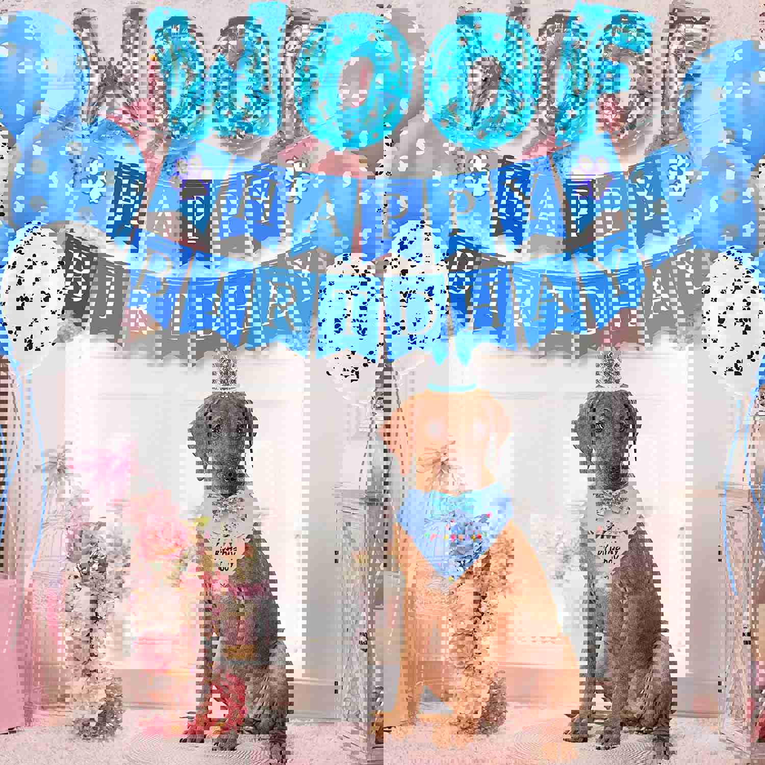 Dog Birthday Party Supplies Set with Bandana, Hat, Bowtie, and Balloons