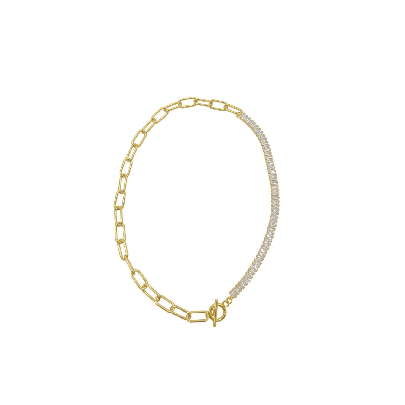 Baguette and Paper Clip Toggle Necklace - 14k Yellow Gold Plated Brass