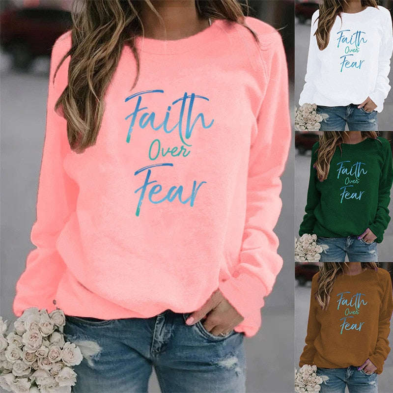 Women's Faith Over Fear Letter Printed Fleece Hoodie