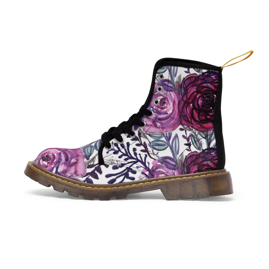 Purple Rose Floral Women's Combat Boots - Lace-up Hiking Boots for Ladies