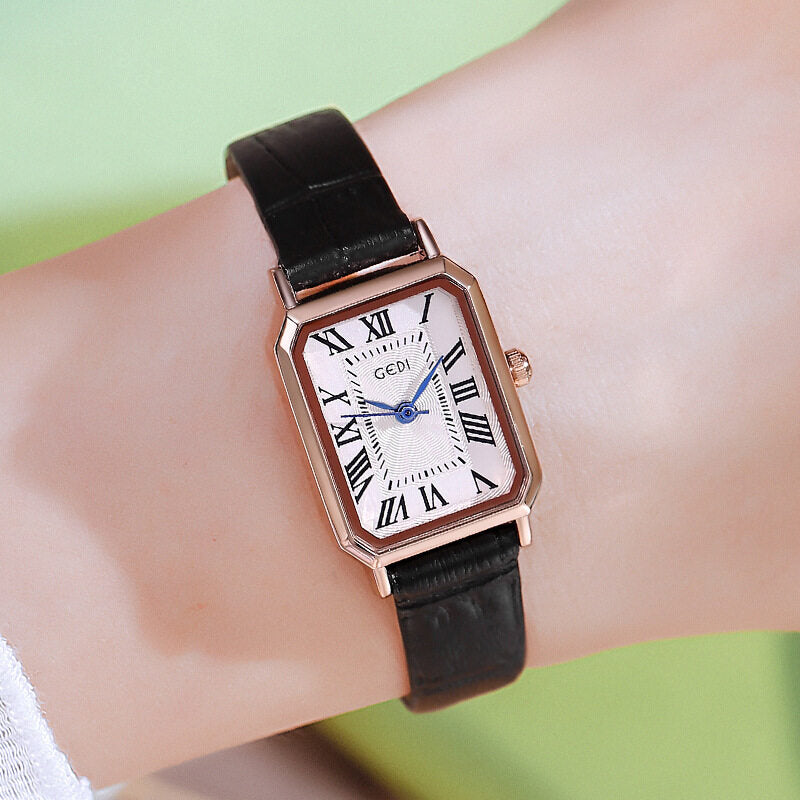 GEDI Women's Fashion Rose Gold Square Retro Roman Scale Waterproof Watch - Korean Style Simple Leather