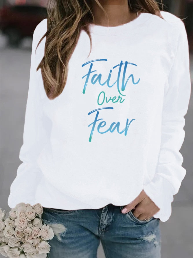 Women's Faith Over Fear Letter Printed Fleece Hoodie
