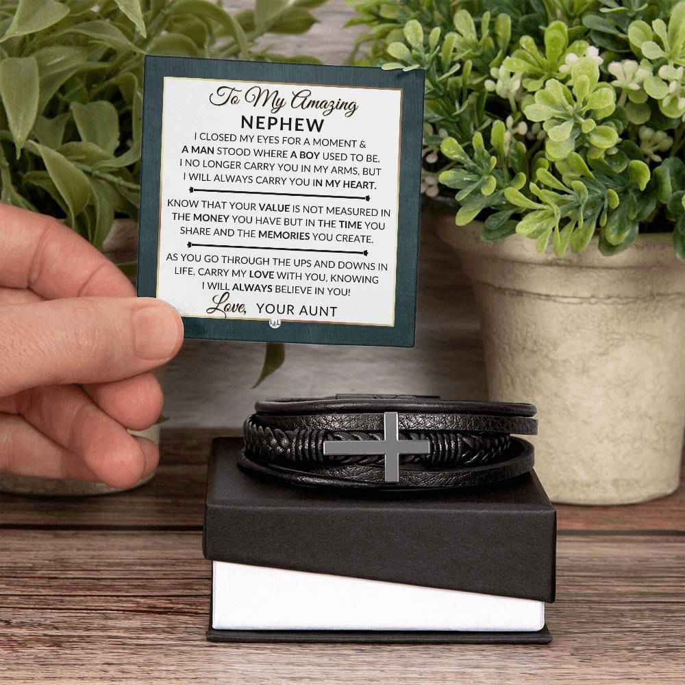 Gift For My Nephew - Mens Braided Leather Bracelet with Cross