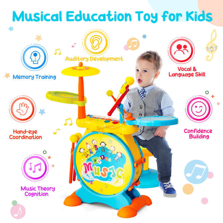 Costway 2-in-1 Kids Electronic Drum and Keyboard Set with Stool