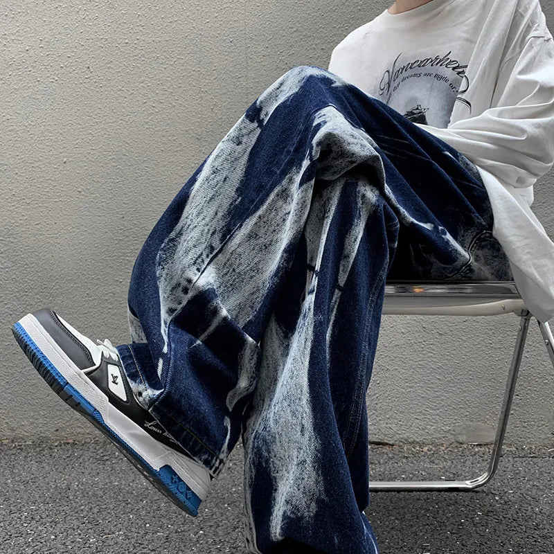Nukty Tie-dye Jeans Men High Street Straight Denim Pants