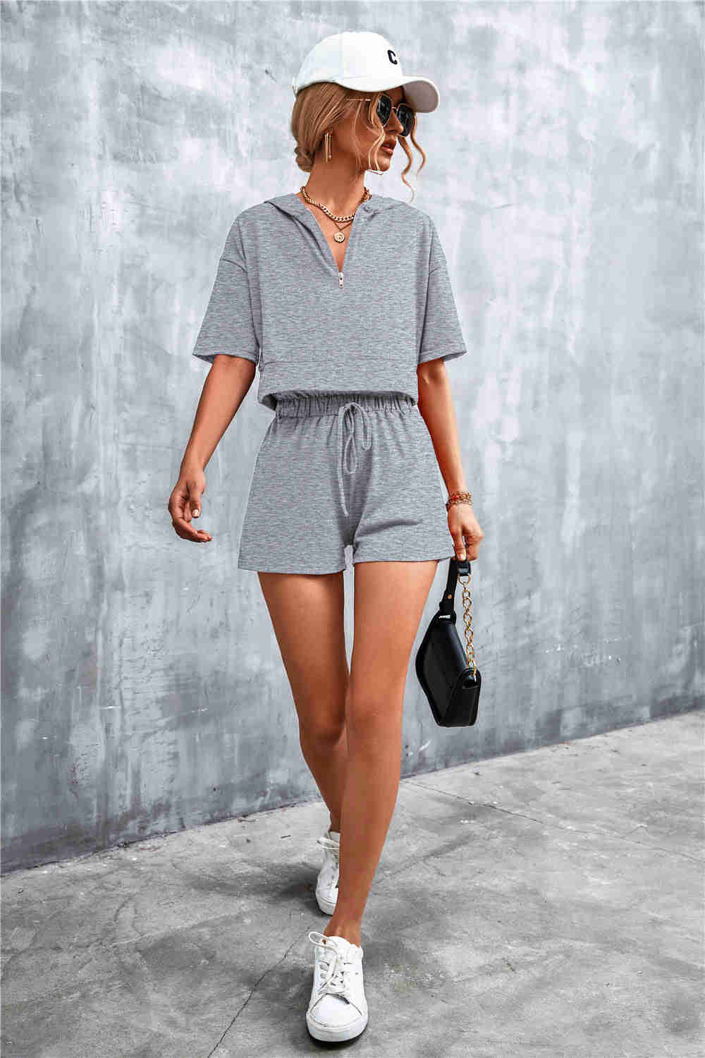 Crop Zip Up Hoodie and Shorts Set - Casual & Chic