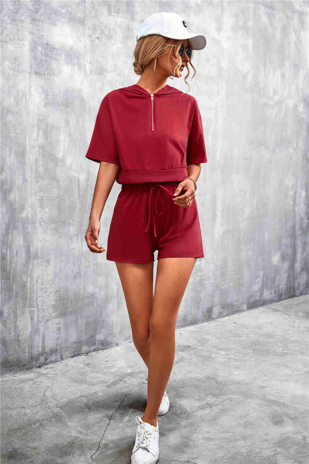 Crop Zip Up Hoodie and Shorts Set - Casual & Chic