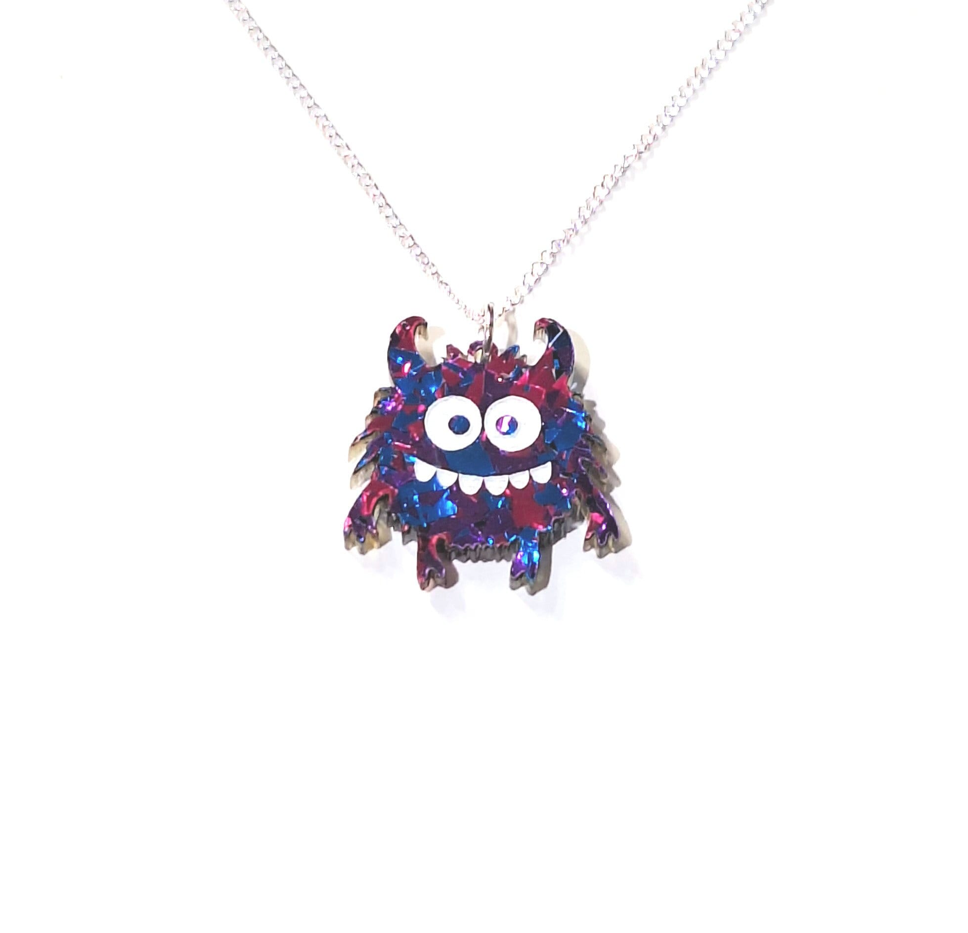 Purple Glitter Silly Monster Pendant Necklace - Retro Vaporwave Halloween Fun