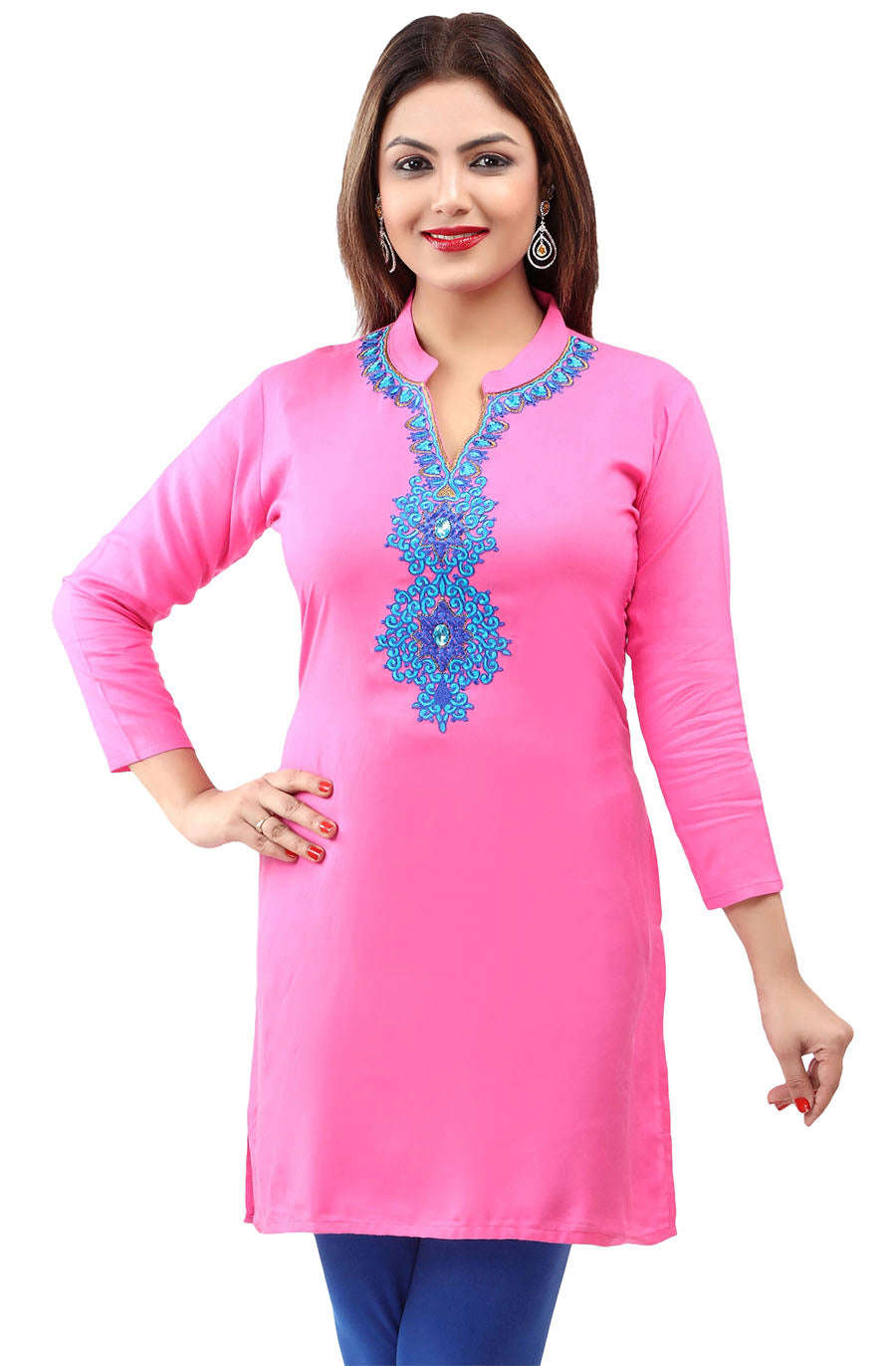 Short Kurti Womens Blouse Embroidered Indian Clothing (Pink)