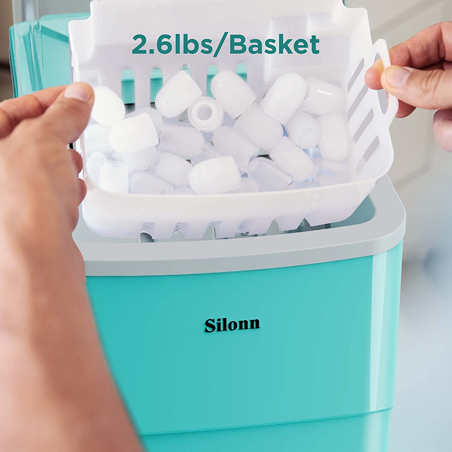 Ice Makers Countertop, 9 Cubes Ready in 6 Mins, 26Lbs in 24Hrs, Self-Cleaning Ice Machine with Ice Scoop and Basket, 2 Sizes of Bullet Ice for Home Kitchen Office Bar Party, Green