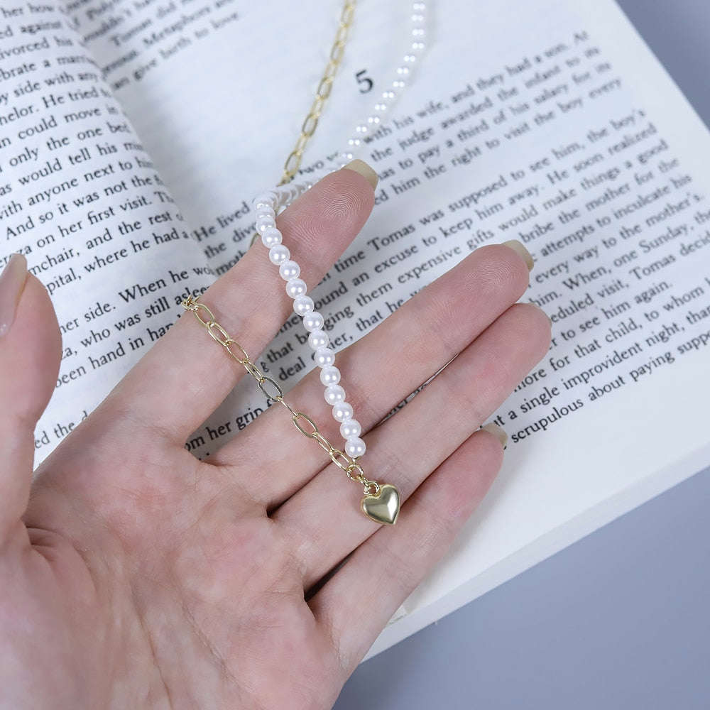 Japan and Korea Pearl Love Pendant Necklace - Trendy Asymmetric Clavicle Chain Punk Choker for Women