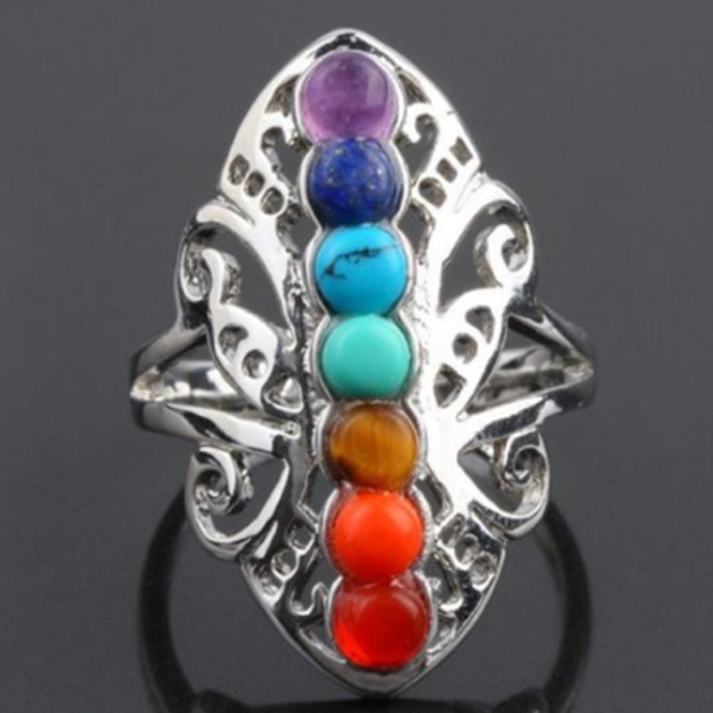 Silver Seven Chakra Rings Rainbow Gemstone Jewelry Gift for Women