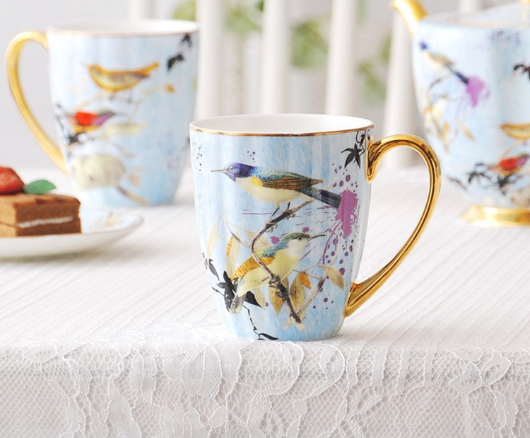 Large Creative Bone China Porcelain Mug - Elegant Blue Ceramic Coffee Mug with Bird Flower Design