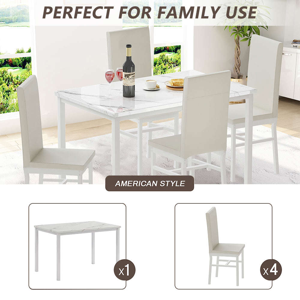 5 Piece Kitchen Dining Table and Chair Set with Faux Marble Table and PU Leather Chairs