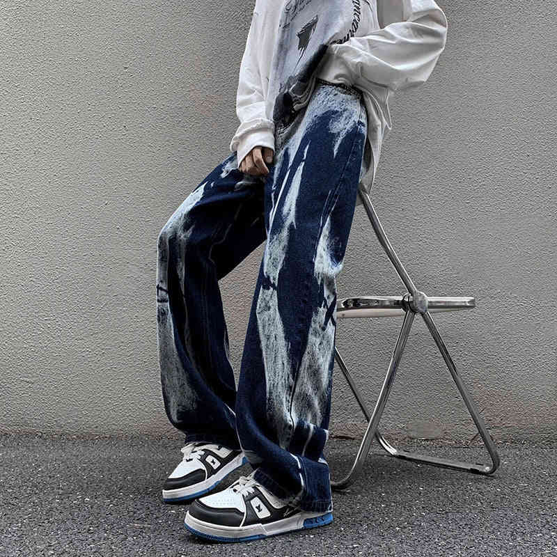 Nukty Tie-dye Jeans Men High Street Straight Denim Pants