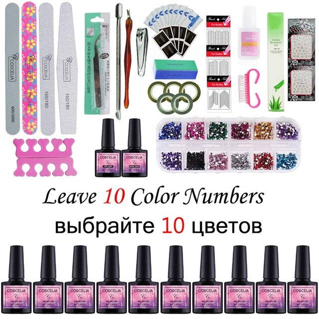 Home Salon Nail Gel Polish Manicure Art Kit with Rhinestone Crystals