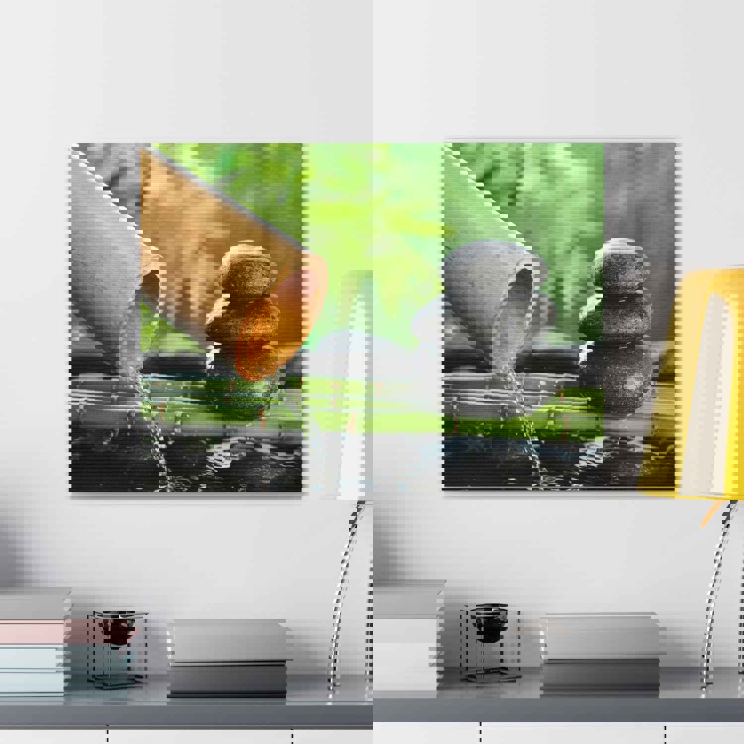 Traditional Bamboo Fountain Forest Floral Nature Photography Canvas Wall Art for Home Decor