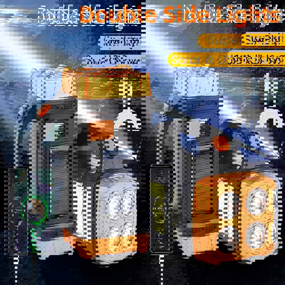 150000 Lumens Dual-Head Solar LED Searchlight with COB Work Light and USB Rechargeable Power Bank