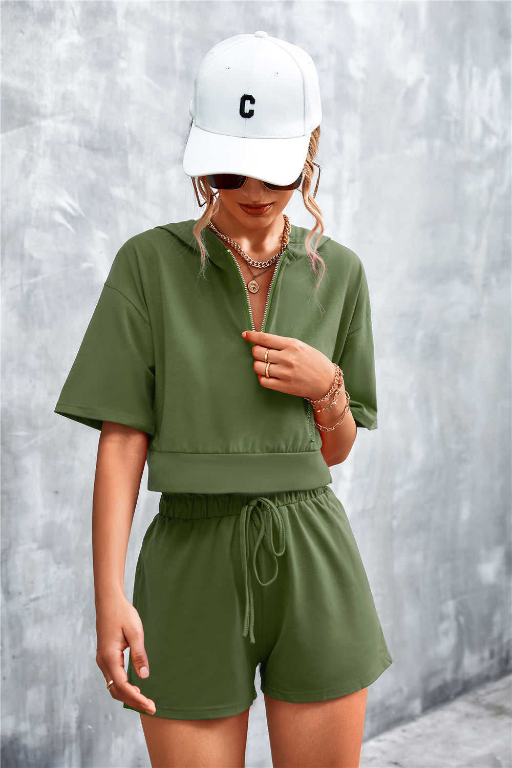 Crop Zip Up Hoodie and Shorts Set - Casual & Chic