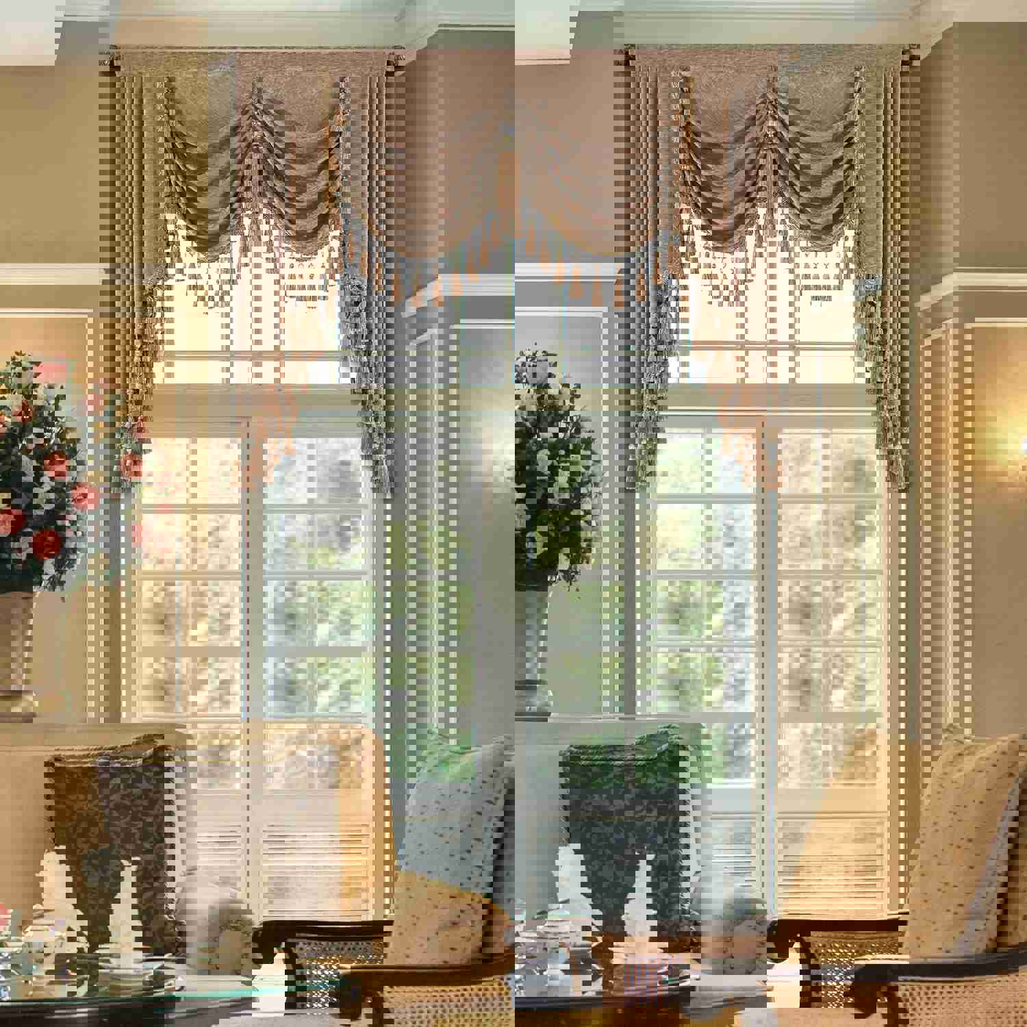 Coffee Chenille Swag Valance with Beads and Tassels